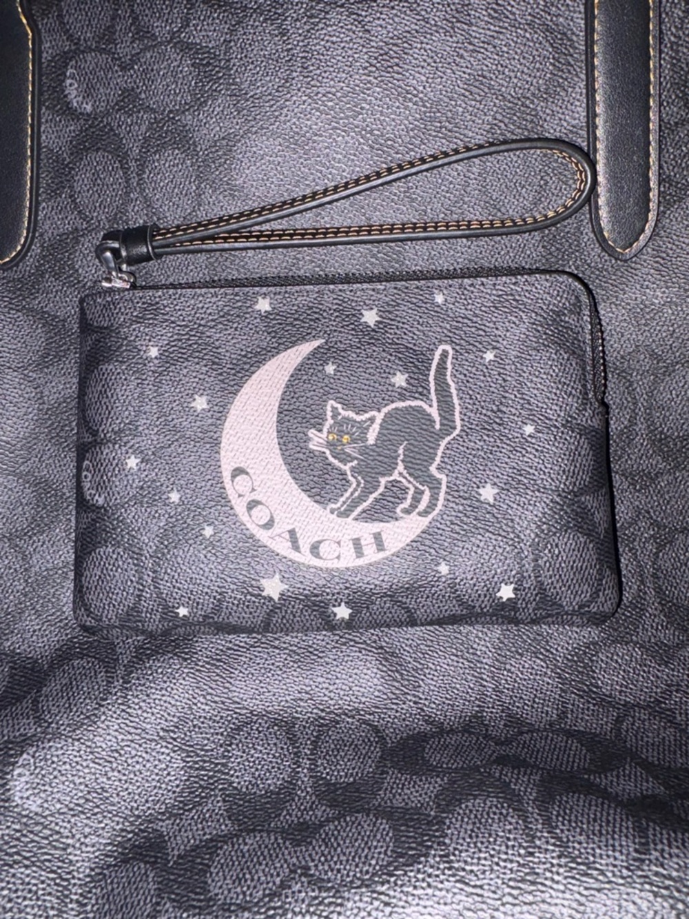 2 PIECE SET COACH Black Signature Tote and wristlet with Moon & Cat Motif - Picture 2 of 9